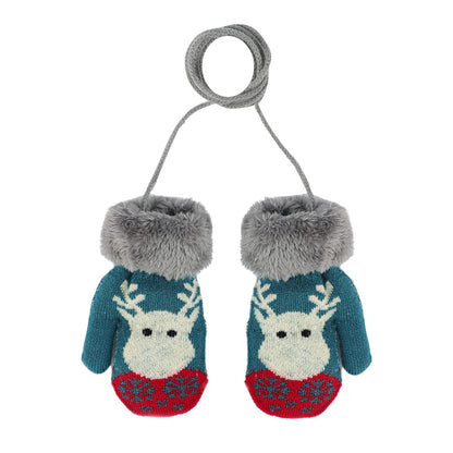 Kids Winter Gloves Mittens Baby Cartoon Mitten Neck Gloves Thick Double Knitted Glove with Plush,0 - 3 years old, Playing, Running, Skiing