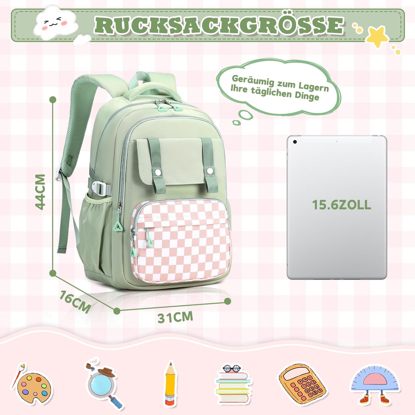 Rucksack mädchen 22L ergonomisch mit reflektierenden Streifen | Wasserdichtes Karogewebe, atmungsaktives 3D-Rückenpolster, zahlreiche getrennte Fächer, passend für 15,6-Zoll-Laptops