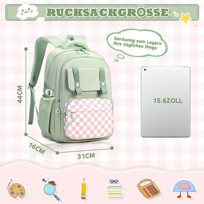 Rucksack mädchen 22L ergonomisch mit reflektierenden Streifen | Wasserdichtes Karogewebe, atmungsaktives 3D-Rückenpolster, zahlreiche getrennte Fächer, passend für 15,6-Zoll-Laptops