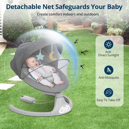 Bioby Elektrische Babywippe | Babyschaukel mit 5-Punkt-Gurt & 5 Schaukelmodi, Leicht & Sicher Wippe Baby Elektronisch mit Bluetooth-Musik & Fernbedienung, für 0-12 Monate (2-9 kg), Grau