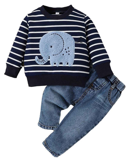 LUVCES Toddler Baby Boys Clothing Cute Animal Print Long Sleeve Sweatshirt Tops and Jeans Set Autumn Winter Baby Boy Jeans Casual 2-Piece Outfit