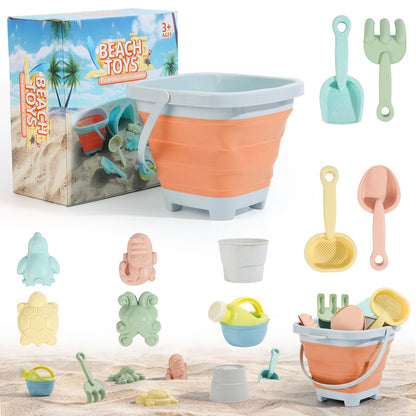 Euakee Sand Toy for Children, 11 Pieces Sand Toys with Foldable Bucket, Sanity Toy Set, Sand Toy Beach, Sandpit Toy for Children 3 4 5 6 7 Years (Orange)