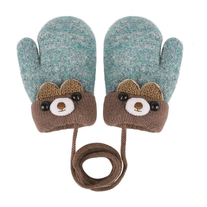 Kids Winter Gloves Mittens Baby Cartoon Mitten Neck Gloves Thick Double Knitted Glove with Plush,0 - 3 years old, Playing, Running, Skiing