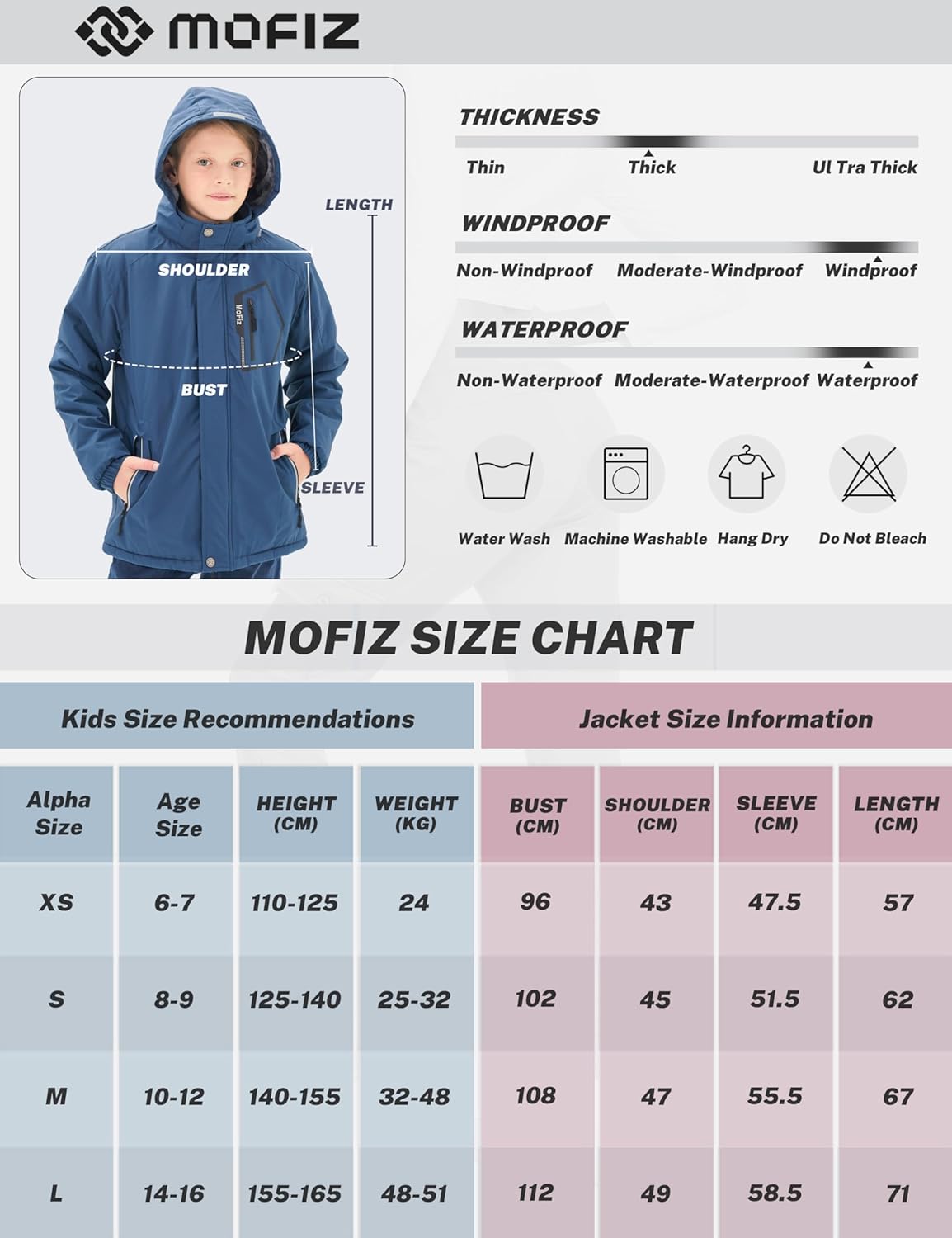 MoFiz Winter Jacket Boys Ski Jacket Warm Inner Lining Children's Outdoor Softshell Jackets Snow Jacket with Removable Hood