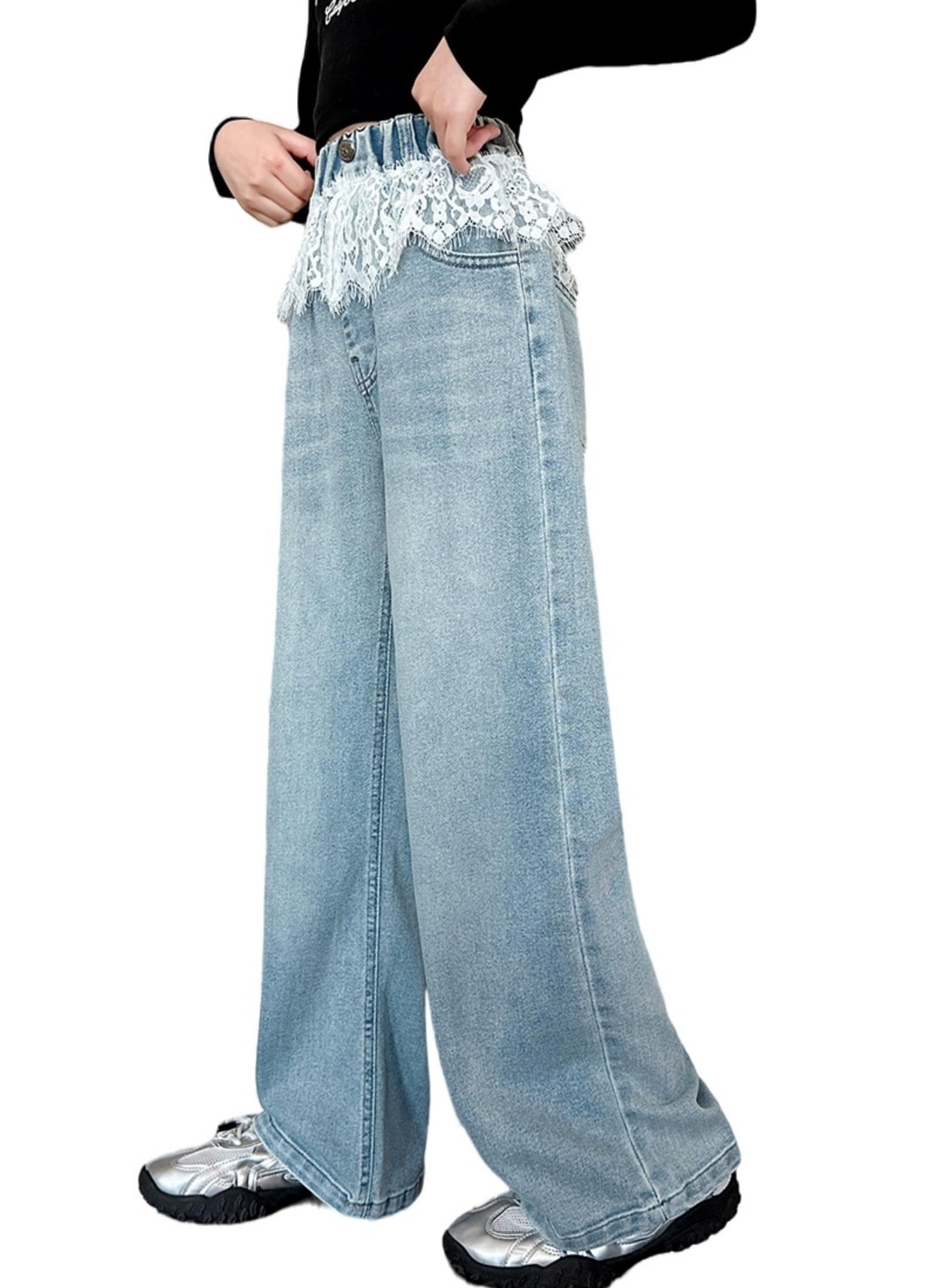 Rolanko Girls' Jeans Trousers with Hole, Denim Blue Jeans, Vintage Trousers With Wide Leg for Children