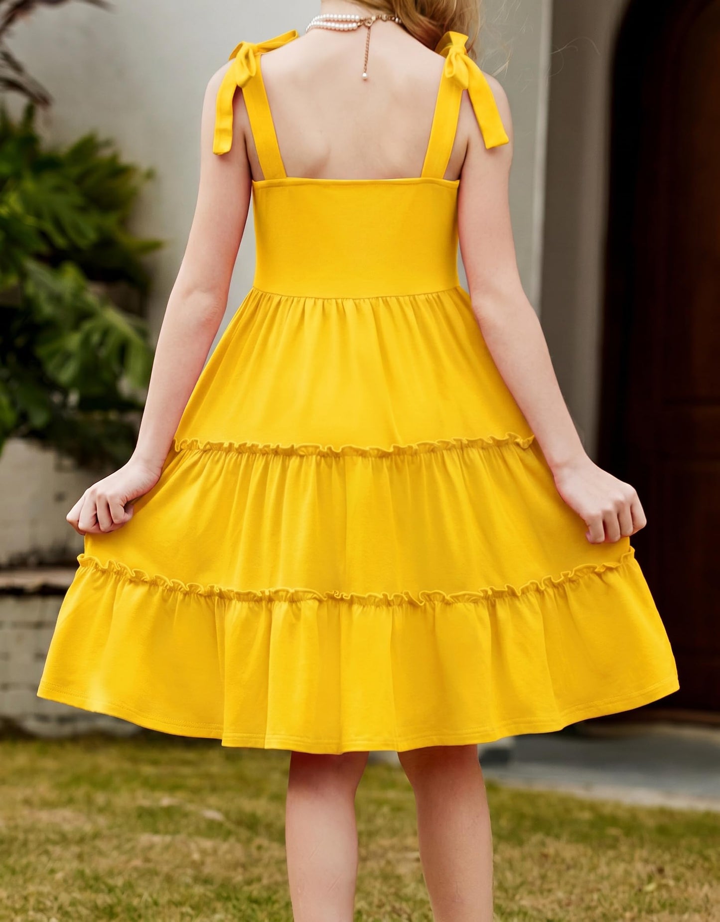 Arshiner Mädchen Kleider Fliege Trägerkleid Kinder Baumwolle Sommerkleid Ärmelloses A-Linie Swingkleid Schulterfrei Elegant Freizeitkleid für Mädchen 5-15 Jahre