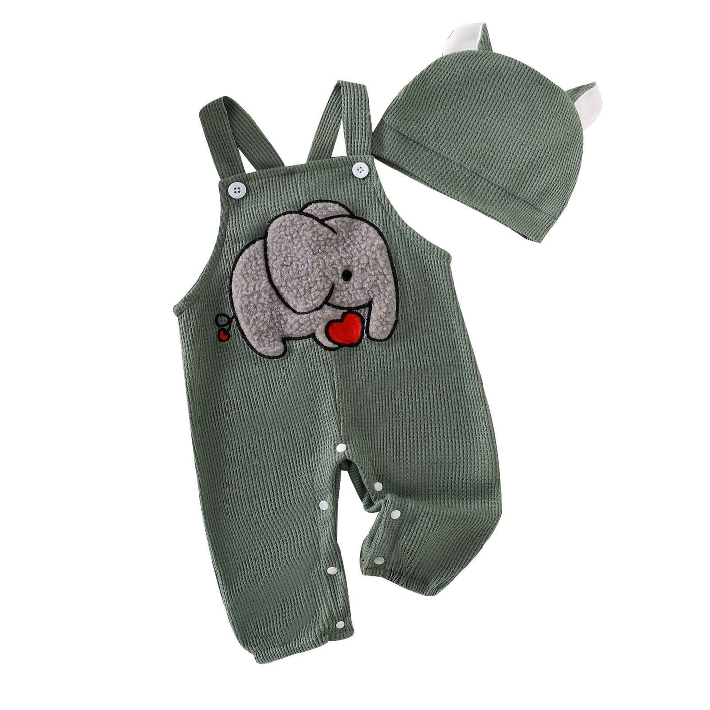 MAHUAOYIXI Toddler Baby Boys Outfits Newborn Baby Boys Clothing Embroidery Elephant Jumpsuits Dungarees Suspender Pants and Hat Infant Boys 2-Piece Clothing Set