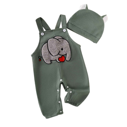 MAHUAOYIXI Toddler Baby Boys Outfits Newborn Baby Boys Clothing Embroidery Elephant Jumpsuits Dungarees Suspender Pants and Hat Infant Boys 2-Piece Clothing Set