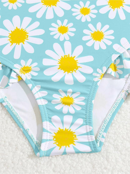 JiAmy Einteiliger Mädchen Badeanzug Blumenmuster Rüschen Elastischen Trägern Ärmellos Kleinkinder Schwimmkleidung für 2–7 Jahre/92-122