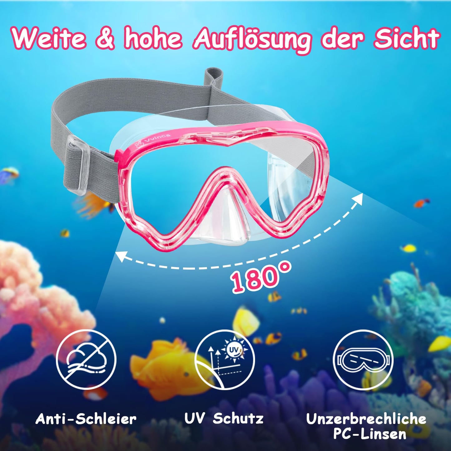 Vvinca Snorkel Set Children from 4-14 Years Diving Goggles with Snorkel Diving Set Girls Boys 180° Anti-Fog Anti-Leak Adjustable Elastic Swimming Goggles Snorkel Mask Dry Snorkel Pink