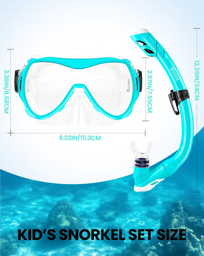 OutdoorMaster Marlin Children's Snorkel Set, Adjustable Strap, Dry Top Diving Mask, Anti-Fog Snorkel Mask, Children's Swimming Goggles for Boys and Girls, Age 4-14