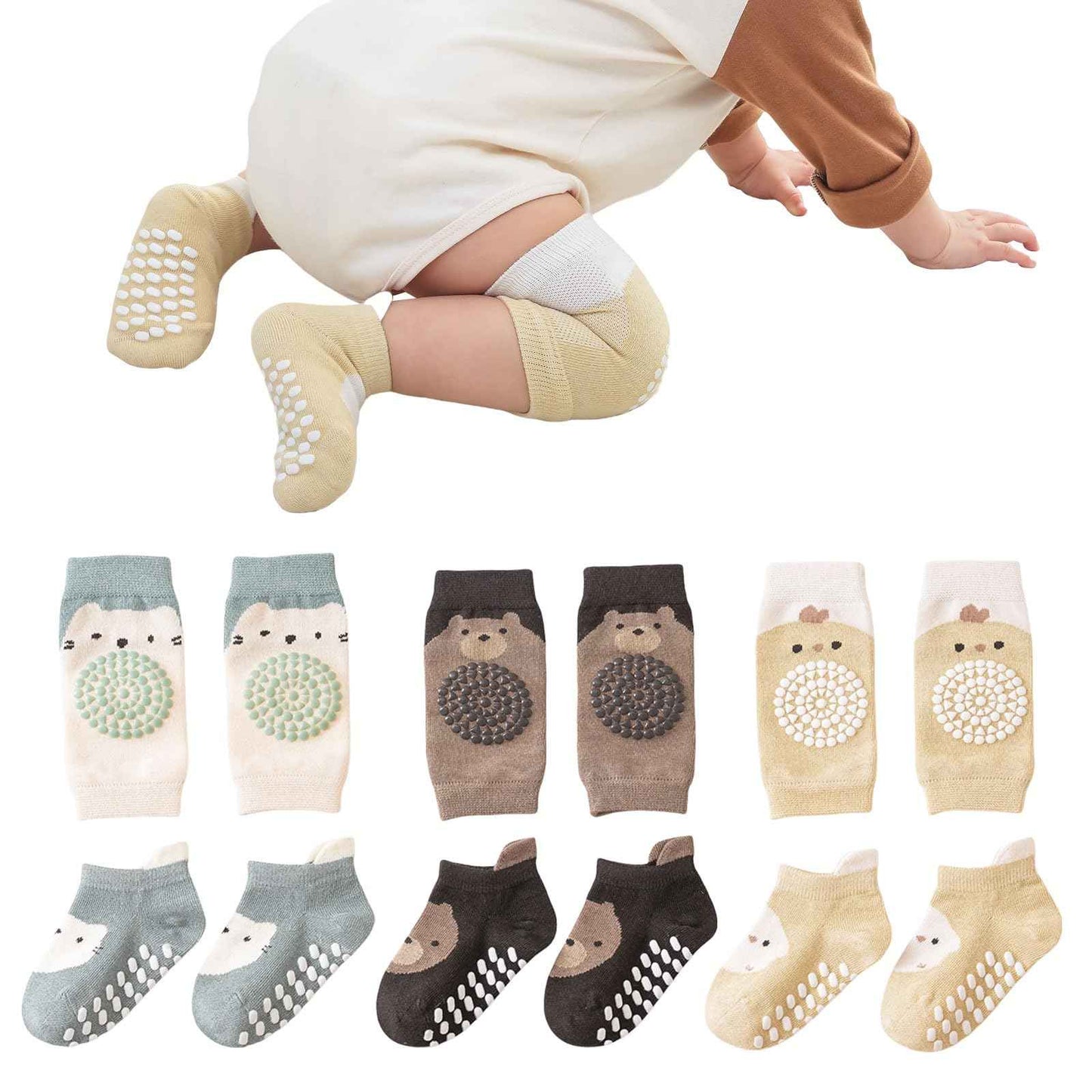 3 Paar Baby Knieschoner und 3 Paar Baby Socken Baby Krabbeln set, Anti Rutsch mit Gummipunkte Krabbelschoner Stulpen Knieschützer für Kleinkinder 0-12 Monate