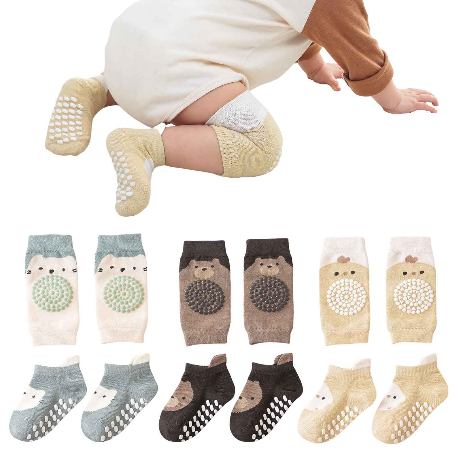 3 Paar Baby Knieschoner und 3 Paar Baby Socken Baby Krabbeln set, Anti Rutsch mit Gummipunkte Krabbelschoner Stulpen Knieschützer für Kleinkinder 0-12 Monate