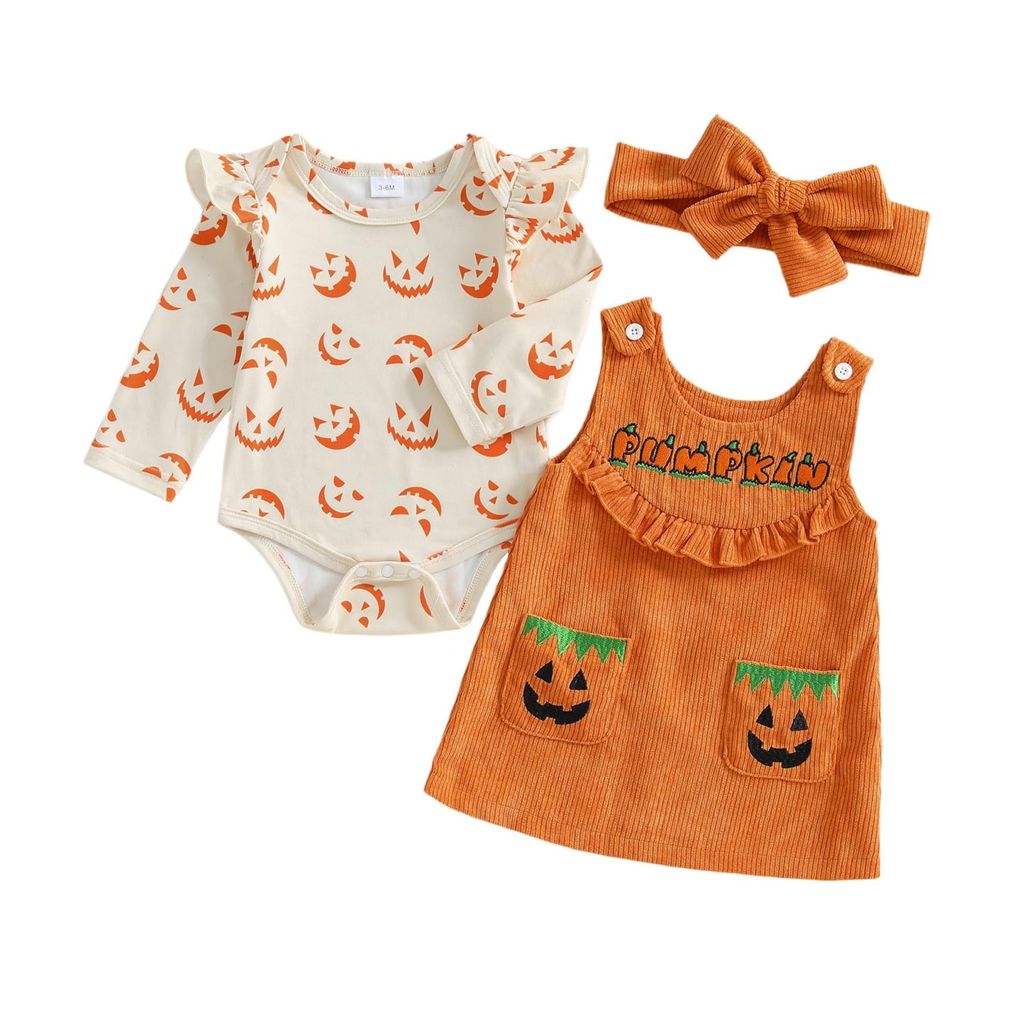 Geagodelia Baby Girl Halloween Clothing Outfit Pumpkin Ghost Baby Clothing Set Body Top + Jumpsuit Dress Newborn Soft Baby Set