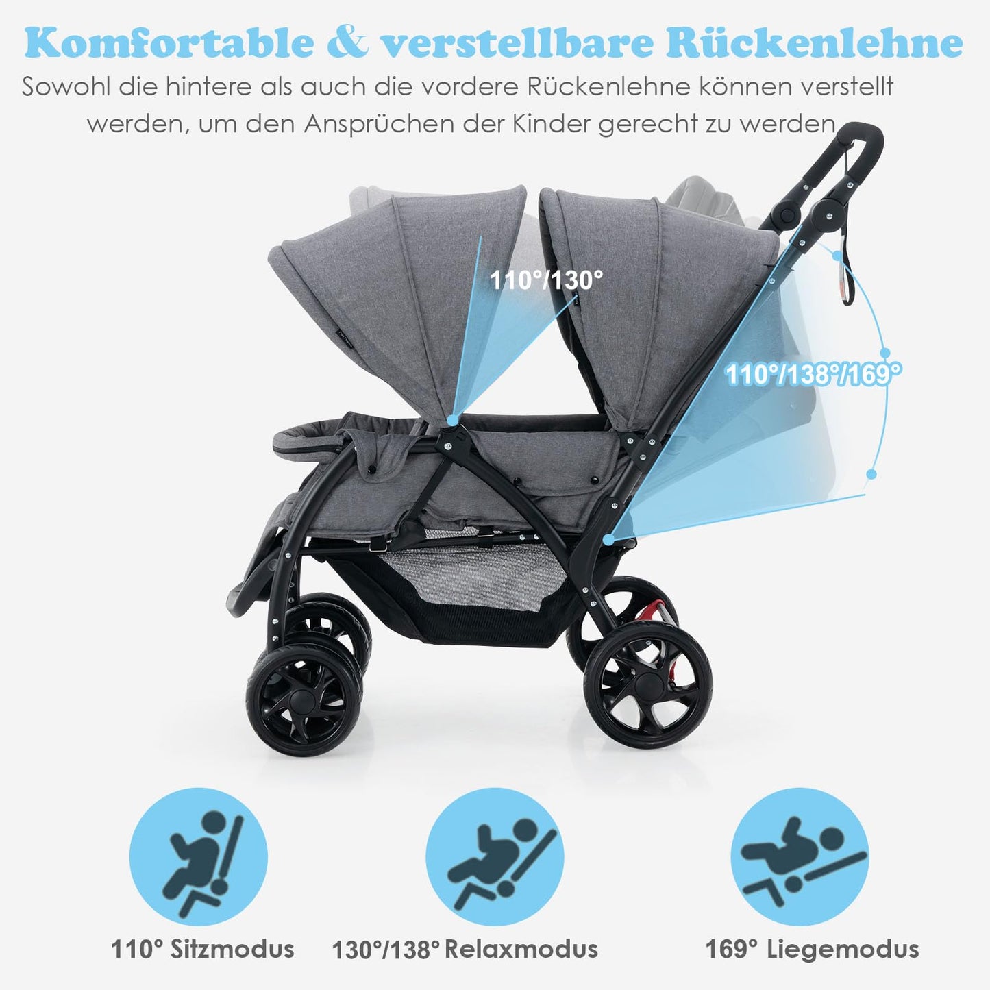 COSTWAY Folding Double Pushchair, Twin Pushchair with Adjustable Backrest and Hood, Travel Buggy with Reclining Function, Twin Buggy Pushchair for Baby from 6 Months, 30 kg Load Capacity (Grey)