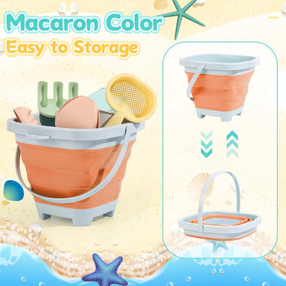 Euakee Sand Toy for Children, 11 Pieces Sand Toys with Foldable Bucket, Sanity Toy Set, Sand Toy Beach, Sandpit Toy for Children 3 4 5 6 7 Years (Orange)