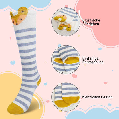 LOFIR Girls' Knee Socks Children's Socks: Overknee Stockings Long Striped Children's Socks Animal Cotton Socks Colourful Striped Socks Funny Without Seam Knee Socks Gift 2-12 Years 23-38 5 Pairs