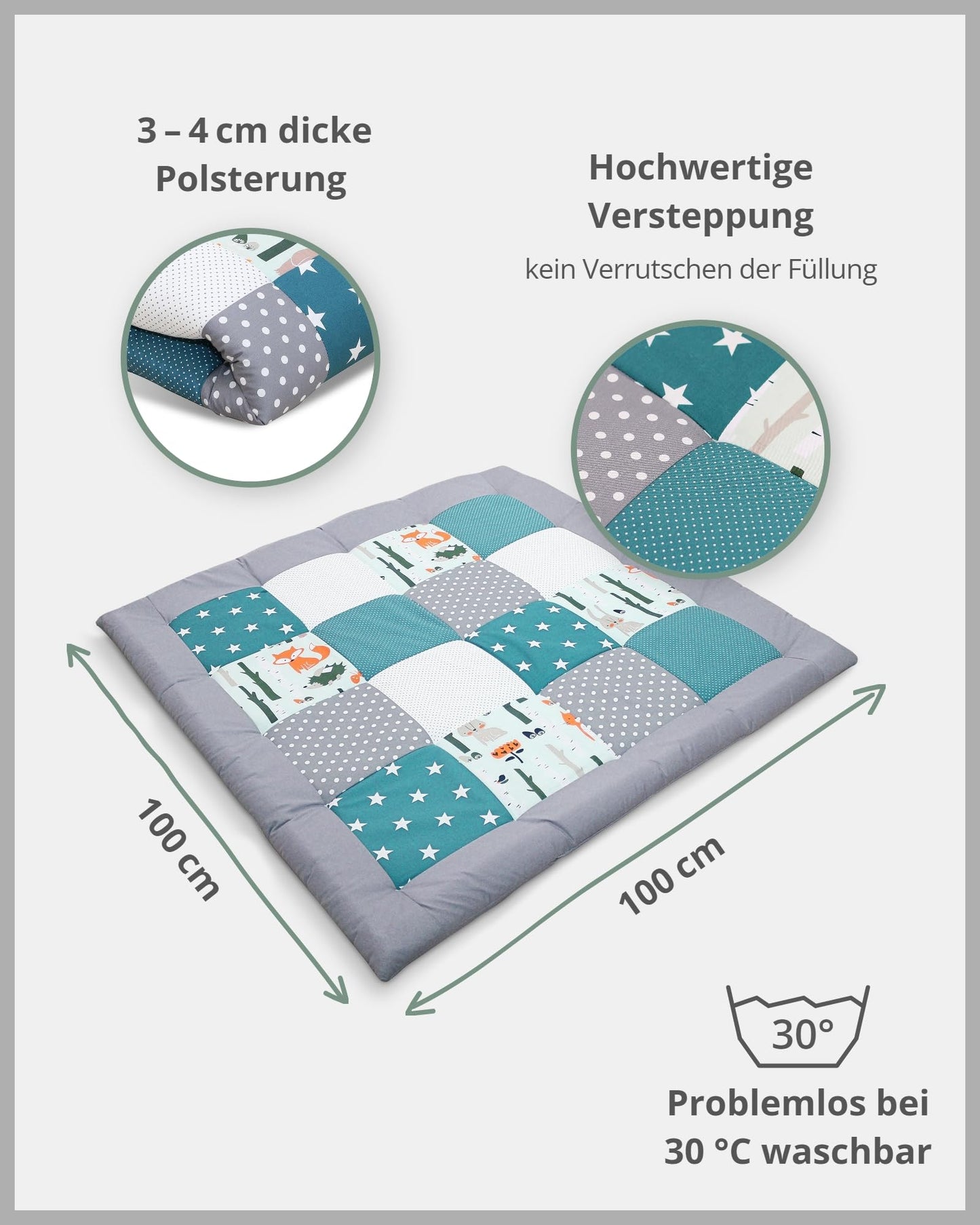 ULLENBOOM Krabbeldecke für Baby 100x100 cm, 100% OEKO-TEX Materialien, Made in EU, Dick & weich gepolstert, Sandblume - ideal als Babydecke, Laufgittereinlage & Spieldecke Baby