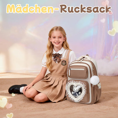Schulrucksack Mädchen Herzdesign 22L mit Gepäckgurt für Schule | Spitze & Schleifendetails, Ergonomische 3D-Rückenpolsterung, wasserabweisendes Polyester, zahlreiche getrennte Fächer