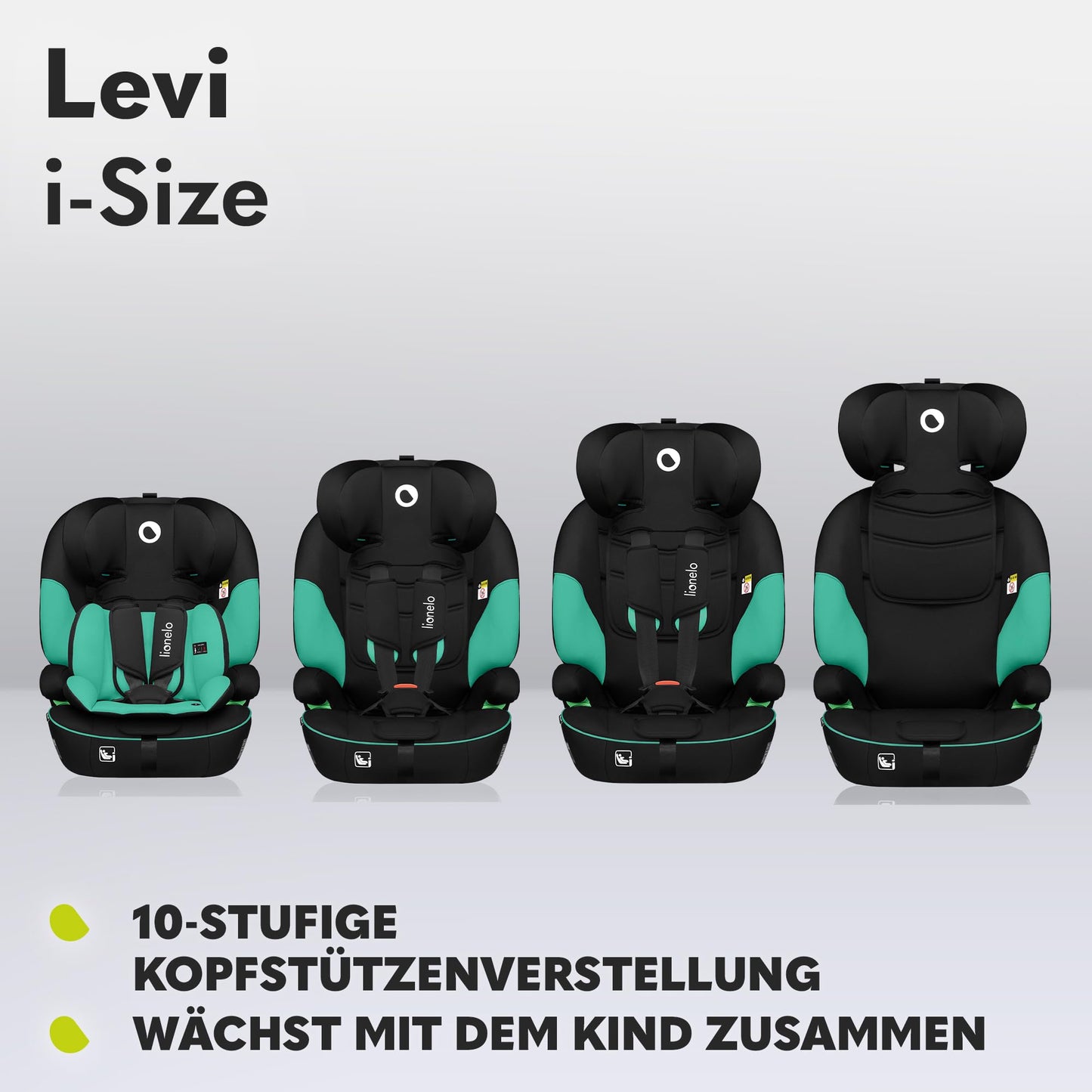 LIONELO LEVI I-SIZE 76-150 cm Kinderautositz, Gruppe 1 2 3, Seitenschutz, 10 Grad Kopfstützenverstellung Bequeme Armlehnen Verstellbare Rückenlehne, R129 i-Size