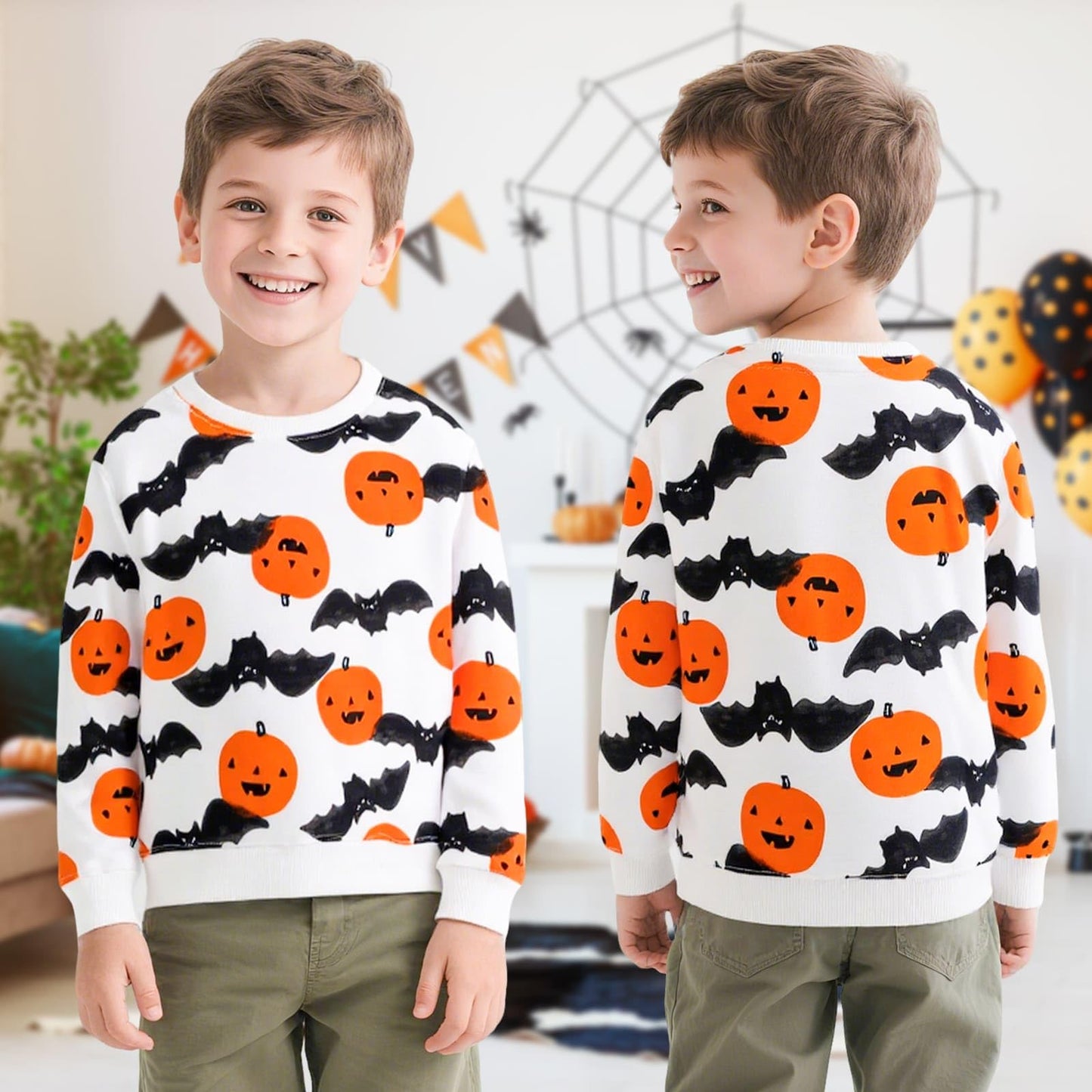 Baogaier Sweatshirt für Jungen Halloween Kürbisse Fledermaus Drucken Baumwolle Pullover Kinder Langarm Rundhalsausschnitt Shirt Activewear Tops Kleinkind Kleidung 2-7 Jahre, Gr.92-122