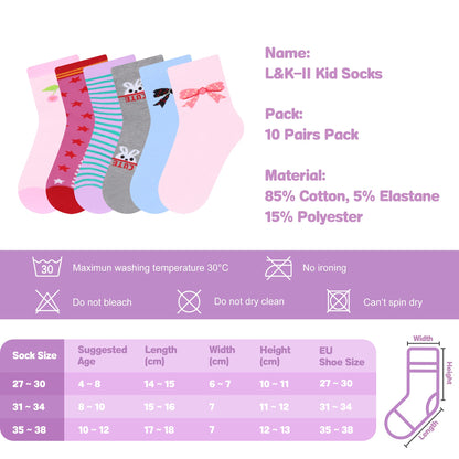 L&K-II 10/12 Paar Kinder Mädchen Socken aus Baumwolle Kleinkind niedliche Muster Kids Sneakersocken bunt 2808VA