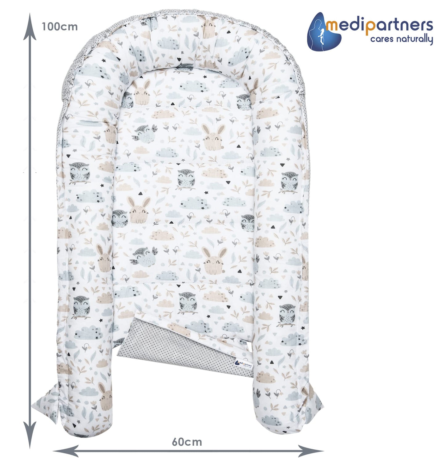 Medi Partners Babynestchen Babynest Set 100x60x15 Kuschelnest 5 teilig herausnehmbarer Einsatz Kokon Nestchen Babys Neugeborene 100% Baumwolle (REH mit Grauem Minky) - Meloni2