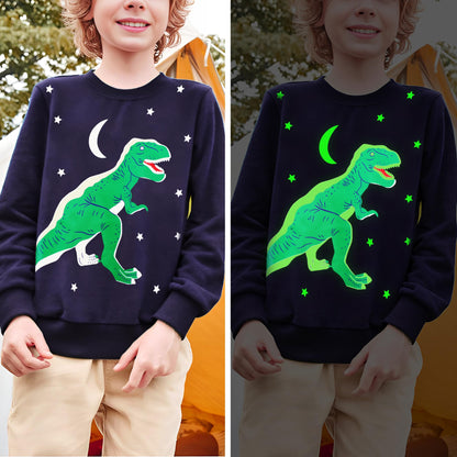 FILOWA Sweatshirt Kinder Junge Leuchtet im Dunkeln Dinosaurier Sweatshirt Astronauten Drucken Pullover Sport Marineblau Langarm Warm Baumwolle Top Jogging Sweatshirt 2-7 Jahre,Gr.92-122