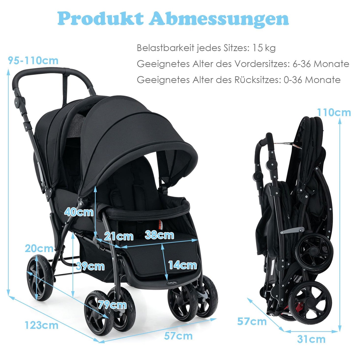 COSTWAY Folding Double Pushchair, Twin Pushchair with Adjustable Backrest and Hood, Travel Buggy with Reclining Function, Twin Buggy Pushchair for Baby from 6 Months, 30 kg Load Capacity (Grey)