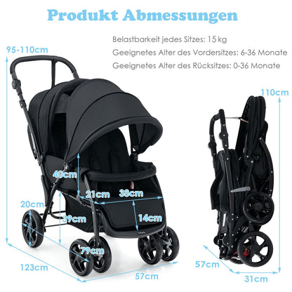 COSTWAY Folding Double Pushchair, Twin Pushchair with Adjustable Backrest and Hood, Travel Buggy with Reclining Function, Twin Buggy Pushchair for Baby from 6 Months, 30 kg Load Capacity (Grey)