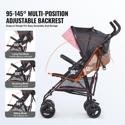 VEVOR Leichter Kinderwagen, kompakt, einfach zusammenklappbar, mit verstellbarer Rückenlehne, Rahmen aus Karbonstahl, großer Aufbewahrungskorb, Kinderwagen mit Schirm für Reisen und mehr, Schwarz/Pink - Meloni2