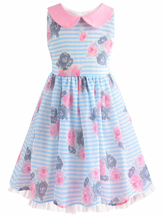 BONNY BILLY Mädchen Kleider Ärmellos Sommer Freizeit Gestreift Blumen A-Linie Kinder Kleid mit Kragen