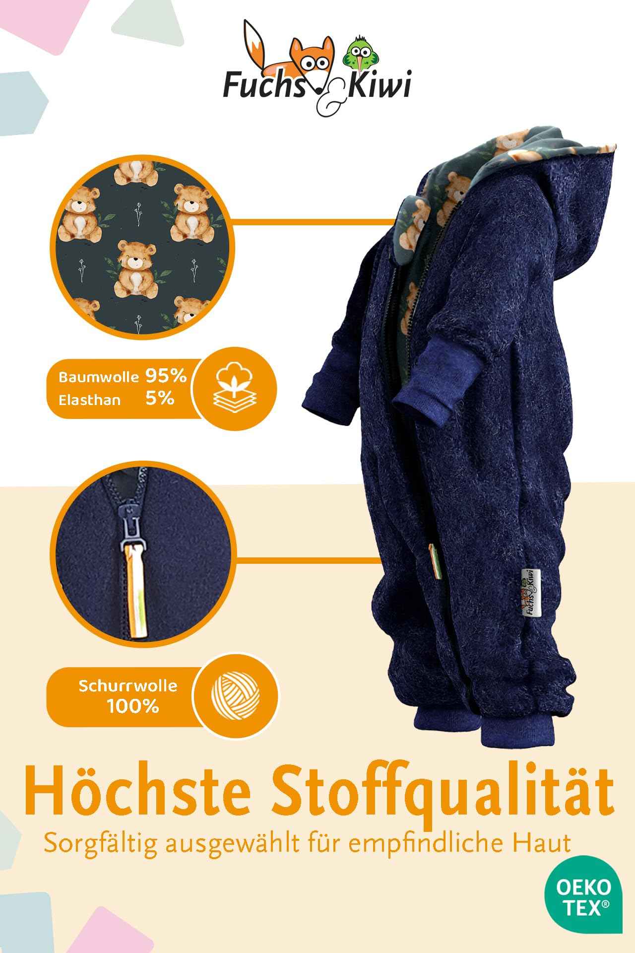 Fuchs & Kiwi Walkoverall Baby Boys - Natural Virgin Wool & Jersey Lining - Oeko-Tex, Skin-Friendly - Handmade in Berlin - Wool Walk Overall Baby & Toddler - Winter & Autumn