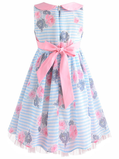 BONNY BILLY Mädchen Kleider Ärmellos Sommer Freizeit Gestreift Blumen A-Linie Kinder Kleid mit Kragen
