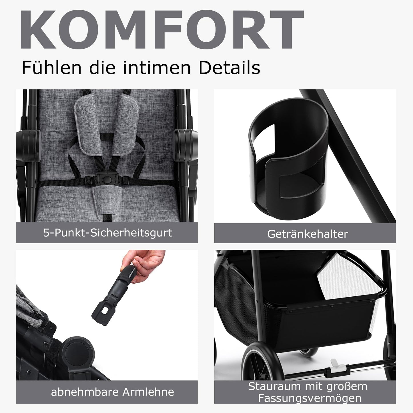 DREAMADE Kinderwagen klappbar, 3 in 1 Buggy mit umkehrbarem Sitz, Verdeck, Aufbewahrungskorb, Becherhalter & 5-Punkt-Sicherheitsgurt, Reisebuggy für Baby 0-6 Monate (Schwarz)