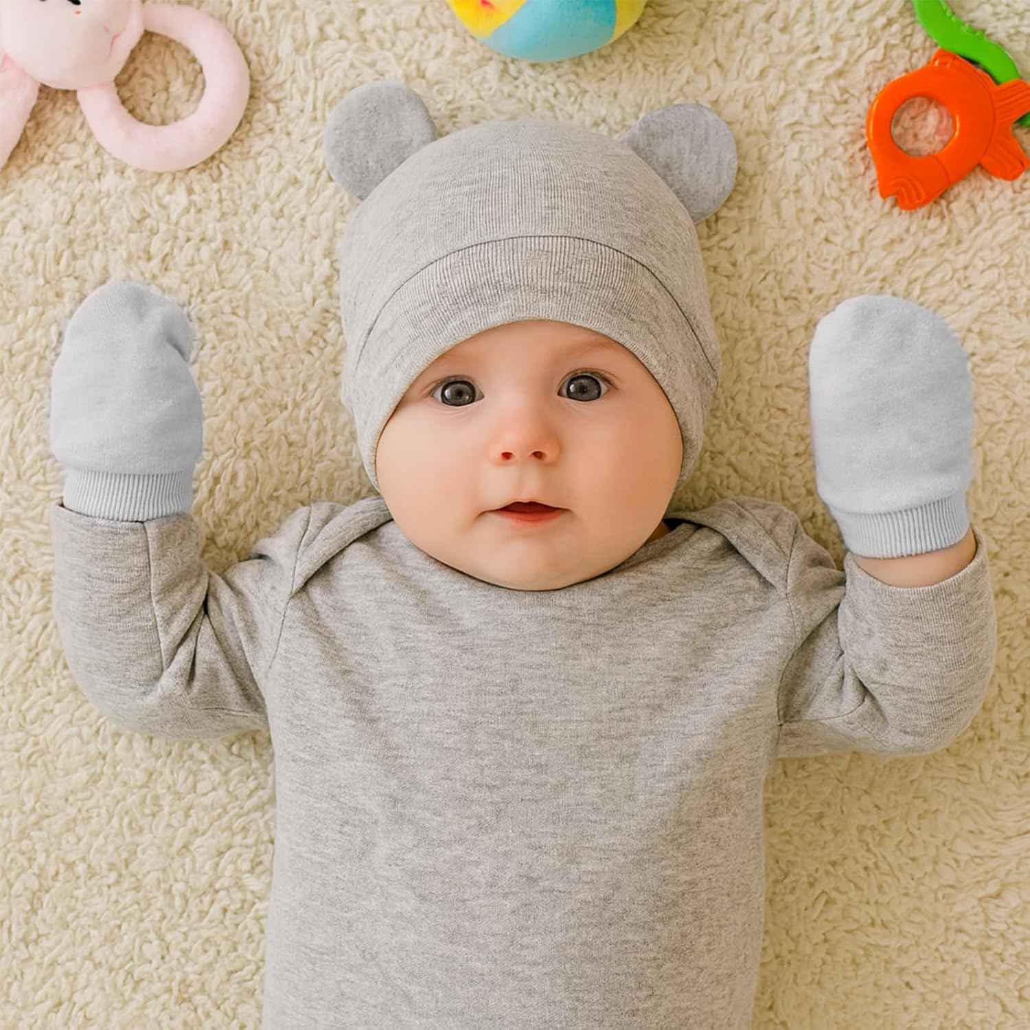 2 Sets Newborn Baby Hat and Gloves Set Beanie Clothing Unisex Infant Hat Nursery Hat Baby Boys Girls 0-6 Months (Apricot, Grey)