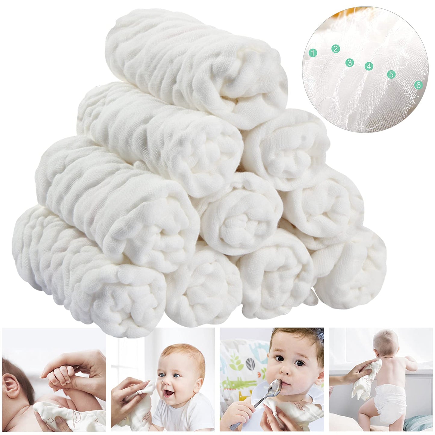 Koo-dib Baby Musselin Waschlappen Tuch Mullwindeln Spucktücher -Handtücher Weiche Neugeborene Gesichtstücher Saugfähig Junge Mädchen Sabberlätzchen 10 Stück 25x25 cm lätzchen