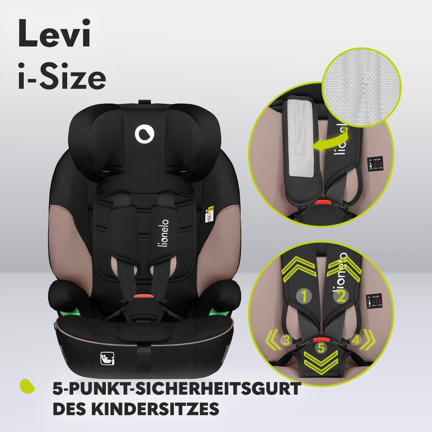 LIONELO LEVI I-SIZE 76-150 cm Kinderautositz, Gruppe 1 2 3, Seitenschutz, 10 Grad Kopfstützenverstellung Bequeme Armlehnen Verstellbare Rückenlehne, R129 i-Size