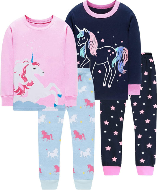 EULLA Kinder Mädchen Schlafanzüge Langarm Baumwolle Winter Pyjama Set Einhorn Prinzessin Dino Hase Eule Zweiteilig Nachtwäsche 1-10 Jahre 92 98 104 110 116 122 128 134 140