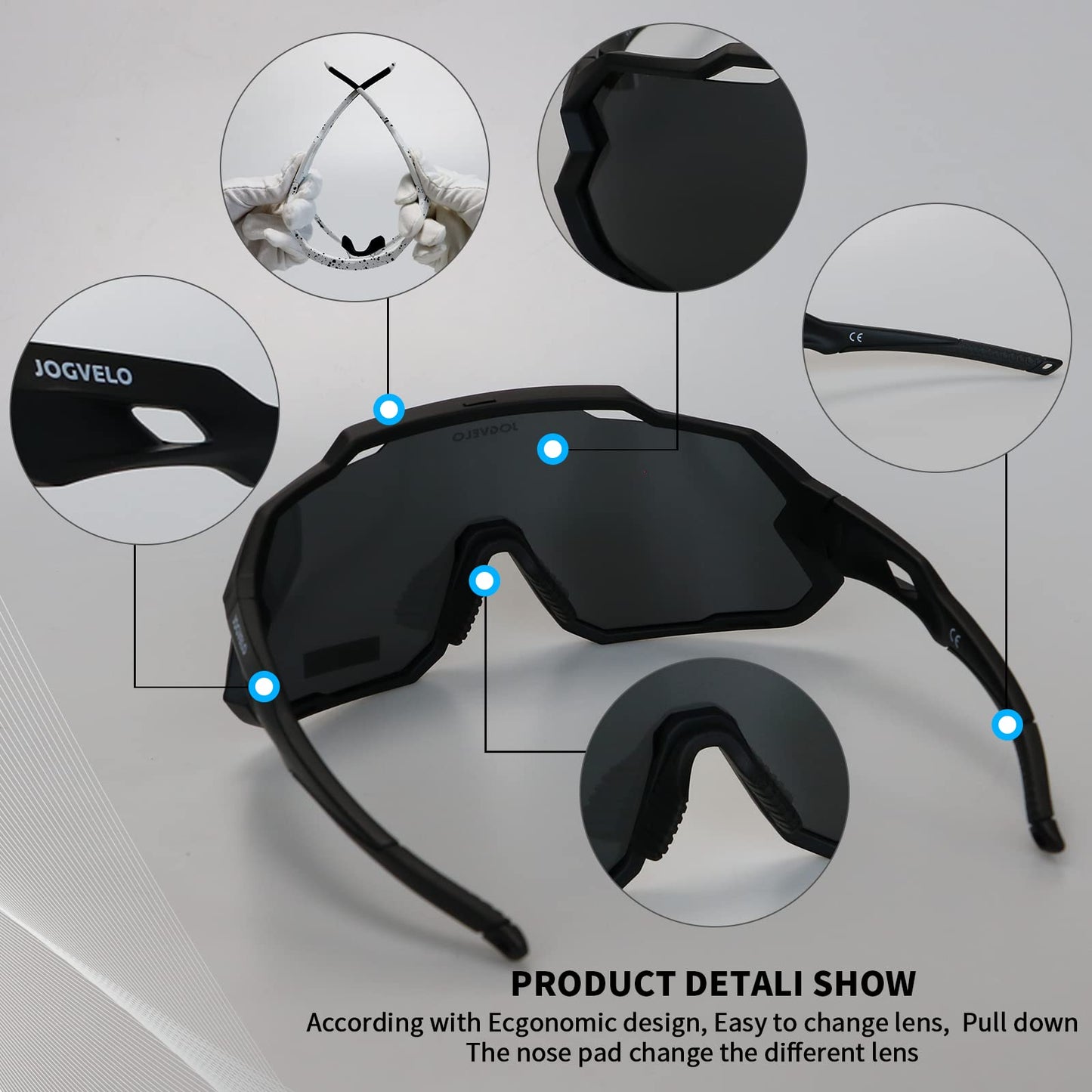 JOGVELO Polarisierte Sonnenbrille, Fahrradbrille Herren Damen mit 3 Wechselgläsern Sportbrillen Radbrille für Radfahren Laufen Angeln