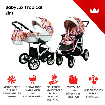 BabyLux® Bambimo Pushchair Set 3 in 1 - Tropical - incl. Baby Carrycot, Buggy Sports Seat, Car Seat - Pram Set - Combination Pram with Changing Bag, Rain Cover etc.