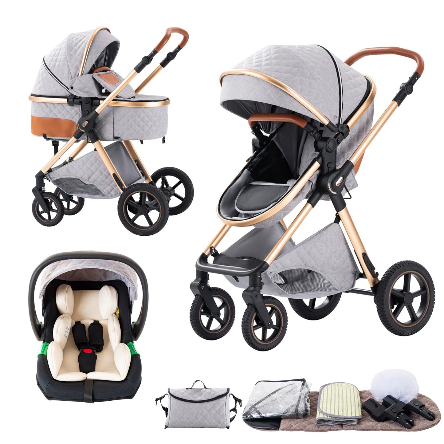 BEBBY 3-in-1 Kinderwagen KombiKinderwagen-Set 2-in-1 Buggy faltbar Luxus Hochlandschaft Neugeborenes Tragbarer Kinderwagen Zusammenklappbarer Kinderwagen Kinderwagen Travel System (D2-DEEPGREY)