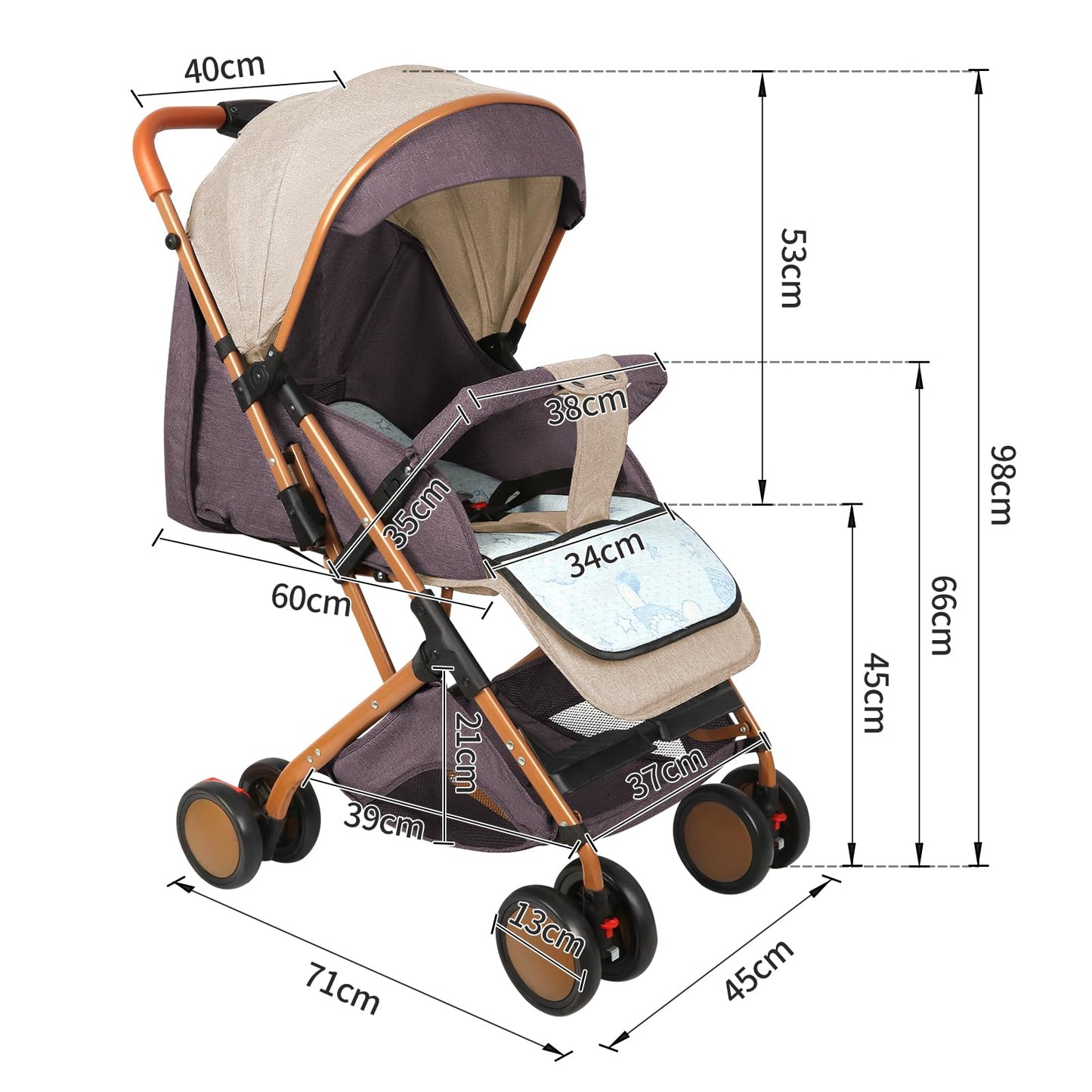 Buggy für Babys, ultraleicht, kompakt, faltbar und neigbar, von Geburt bis 25 kg, mit Trolley-System, Regenschutz inklusive, ausziehbarer Haube, C-schwarz