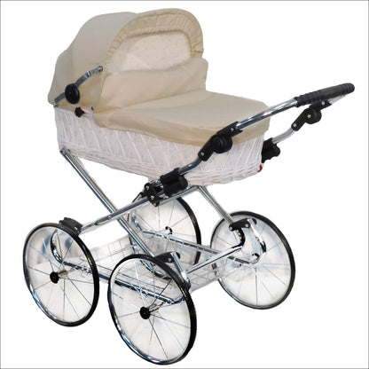EICHHORN Kinderwagen Wicker Basket Doll's Pram Retro Toy Classic (Basket Natural, Fabric Navy Blue)