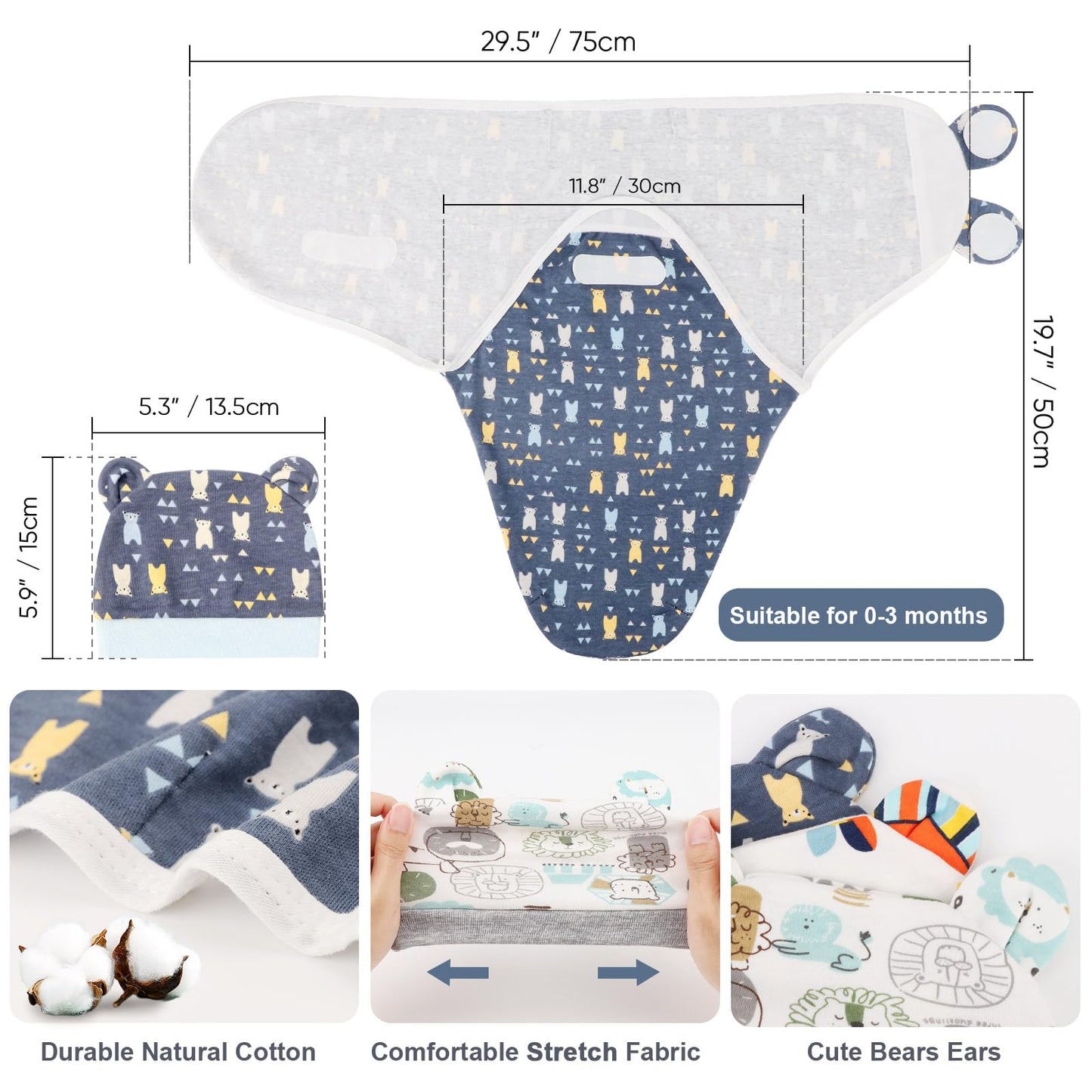Neugeborene Swaddle Decke Hut Set Baby Gedruckt Swaddles Säugling Einstellbar Schlafsack für 0-3 Monate Mädchen Jungen
