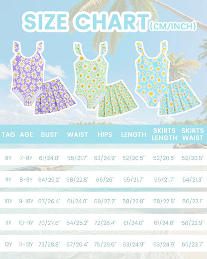 JiAmy Mädchen EIN Stück Badeanzug mit Rüschenrock Sommer Strand Badeanzug Daisy Floral Mädchen Bademode für 8-12 Jahre (120-160cm)