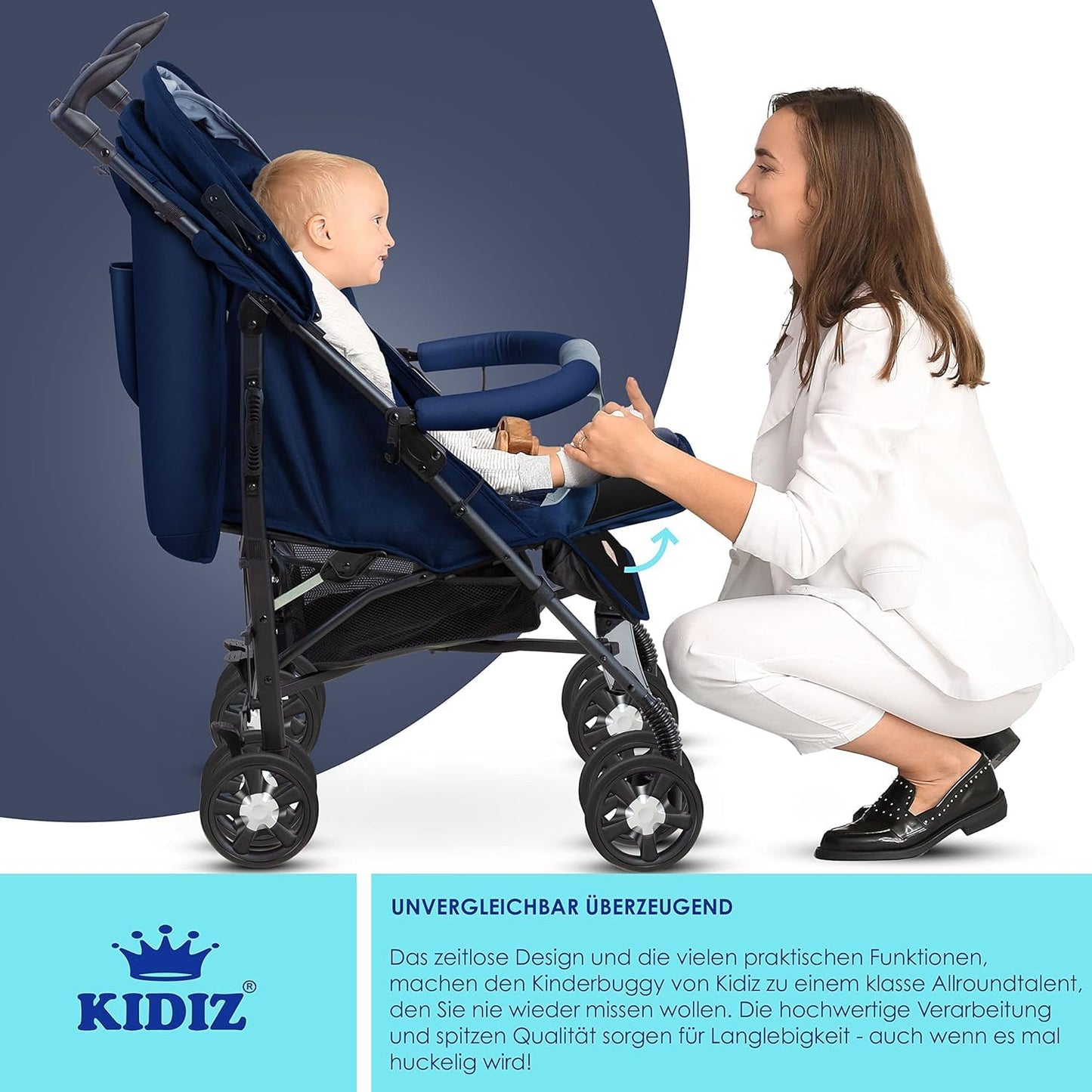 KIDIZ® City-Pro Pushchair Folding Pushchair Pushchair Sports Pushchair Foldable 360° 6 Inch Wheels Includes Mosquito Net, Footmuff and Rain Cover Foldable Sleep Function Blue 