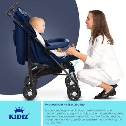 KIDIZ® City-Pro Pushchair Folding Pushchair Pushchair Sports Pushchair Foldable 360° 6 Inch Wheels Includes Mosquito Net, Footmuff and Rain Cover Foldable Sleep Function Blue 