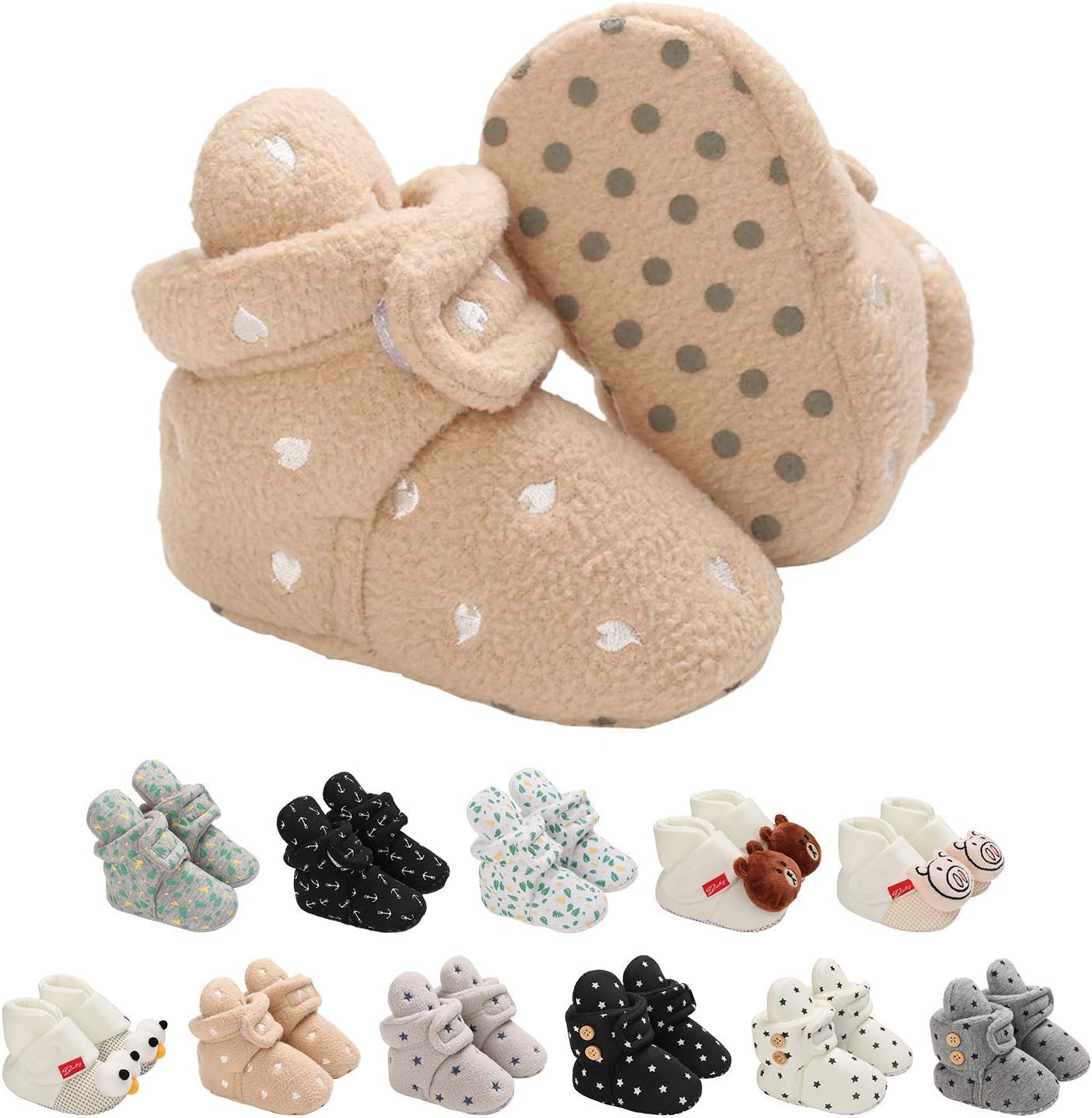 EDOTON Unisex-Baby Neugeborenes Fleece Booties, Baby Jungen Mädchen Weiche Sohlen Streifen Bootie Kleinkind Stiefel Niedlich Stiefel Socke Einstellbar