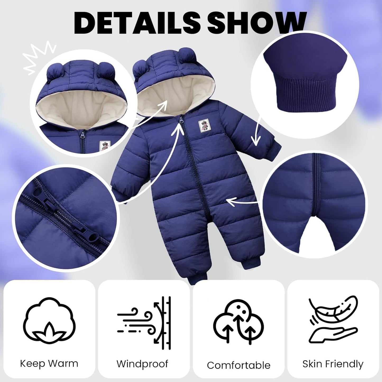Minizone Baby Winter Jumpsuit with Hood, Romper Snowsuit Boys and Girls, Long-Sleeve Jumpsuit, Warm Outfits, Gift, 6-9 Months, 80 cm, Black
